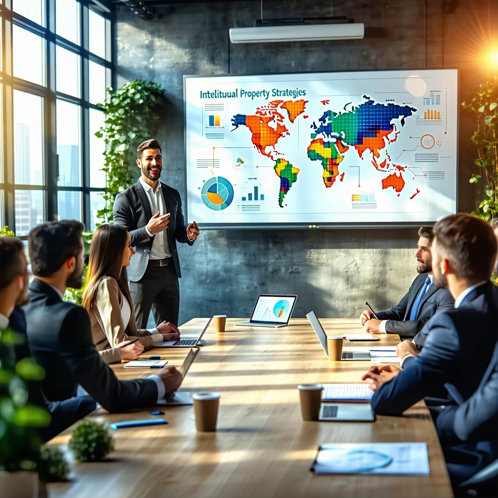 The image depicts a professional seminar setting with a diverse group of business people seated around a sleek modern conference table In the foreground a confident speaker stands beside a large screen displaying a vibrant infographic outlining intel