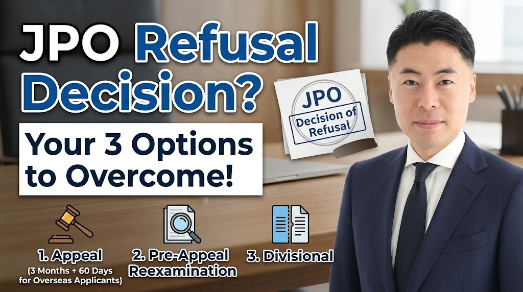 Received a Decision of Refusal from the JPO? Your Three Options — Appeal (3 Months + 60 Days for Overseas Applicants), Pre-Appeal Reexamination, Divisional